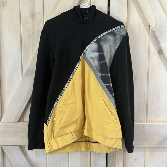 True Religion Mens Hoodie M Spell Out Pockets Tie Dye Black Yellow Colorblock - Picture 1 of 12